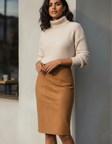 Pollera Falda Simil Gamuza Camel Xs