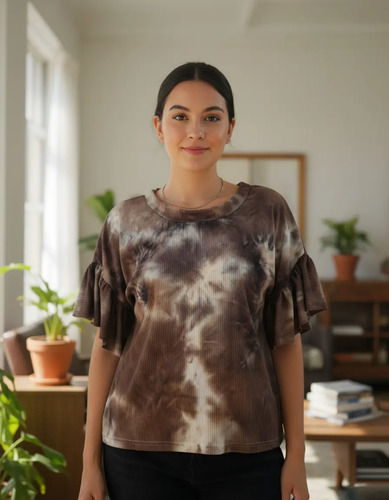 Blusa Volados Manga 3/4 Remerón Holgado Tostado Oscuro U