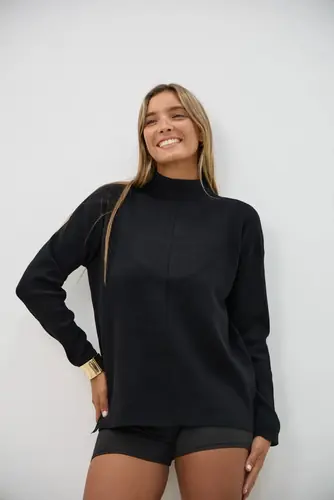 Sweater Buzo Media Polera Tejido De Punto Negro Único