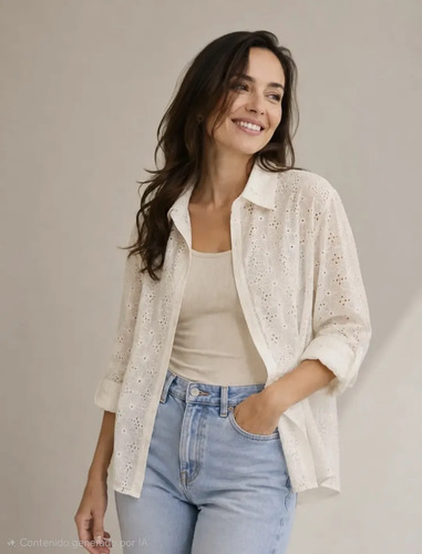 Camisa Blusa Broderie Bordada Camisola Beige Modelo 2 2