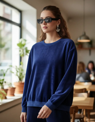 Sweater Buzo Velour Terciopelo Peludito Azul Oscuro Xs