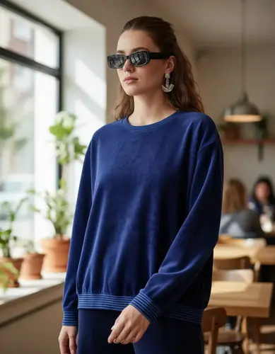 Sweater Buzo Velour Terciopelo Peludito Azul Oscuro Xs