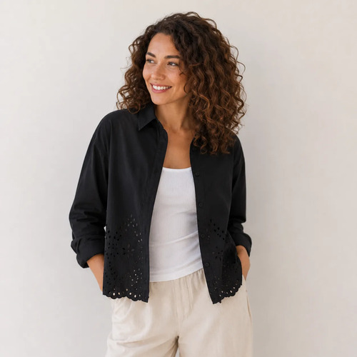 Camisa Bordadada Broderie Algodón Negro L