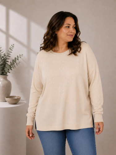 Sweatere Tejido De Punto Plus Size Beige Claro Modelo 2 1x A 2x