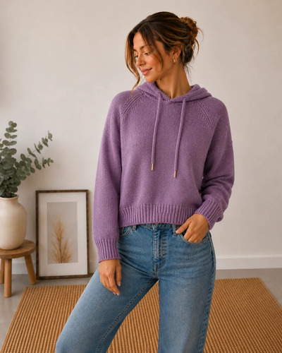 Sweater Tejido Capucha Lila Único