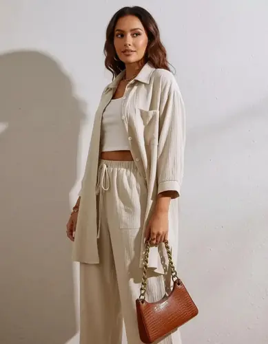 Conjunto  Camisa Y Pantalón 100% Algodón Camisola Y Palazzo Beige Xl/2xl