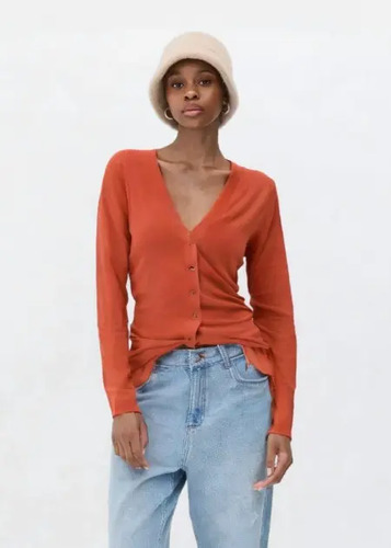 Cardigan Saco Alicrado Saquiti Abrigo Sweater Terracota S