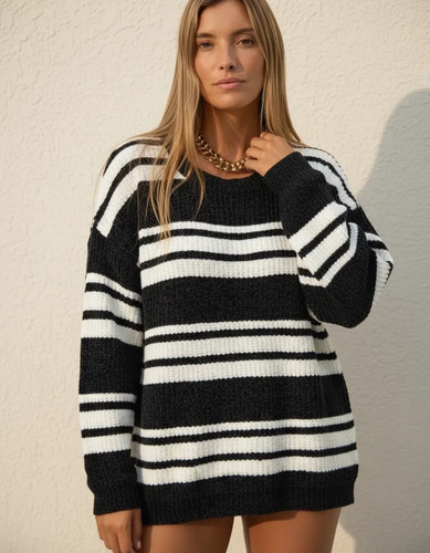Sweater Chenille Oversize Buzo Tejido Negro Rayas Finas Único