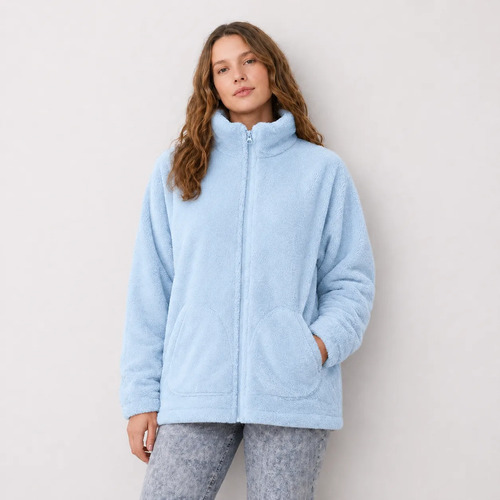 Campera Peluche Sherpa Teddy Canguro 2 Celeste Bolsillo Redondo Peluche Sherpa Teddy