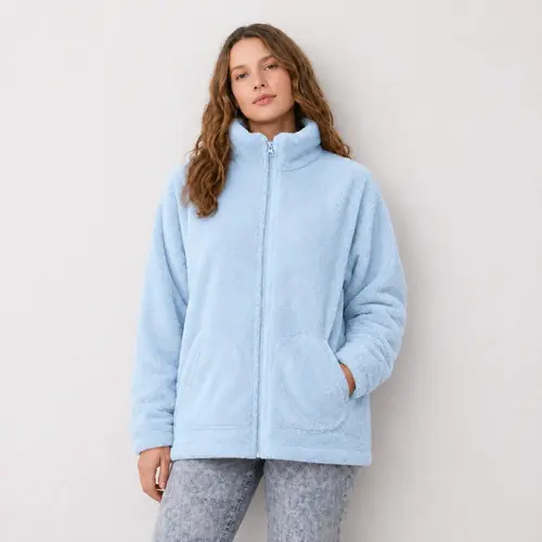 Campera Peluche Sherpa Teddy Canguro 2 Celeste Bolsillo Redondo Peluche Sherpa Teddy