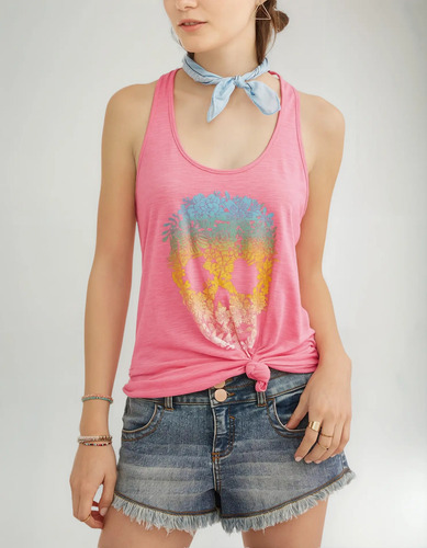 Musculosa Blusa Remera Estampada Algodón Rosa Calavera S Estampa Localizada