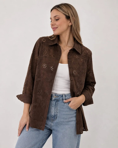 Camisa Blusa Broderie Bordada Camisola Chocolate 2