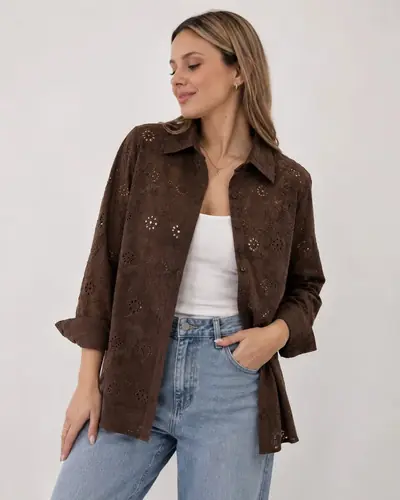 Camisa Blusa Broderie Bordada Camisola Chocolate 2