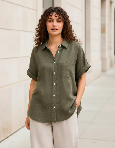 Camisa Camisola  De Mujer Oversize Verde Botón Blanco 4