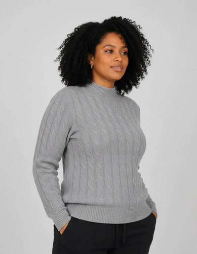 Sweater Media Polera  Tejido Trenzado Ochos Gris Único