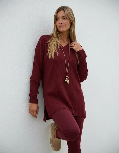 Sweater En V Tejido De Punto Oversize Buzo Bordó Único
