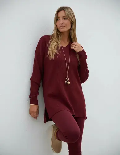 Sweater En V Tejido De Punto Oversize Buzo Bordó Único
