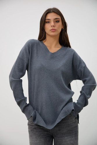 Sweater En V Tejido De Punto Oversize Buzo Gris Oscuro Único