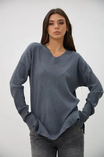 Sweater En V Tejido De Punto Oversize Buzo Gris Oscuro Único