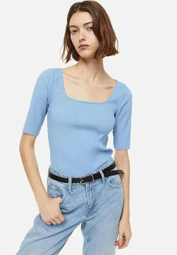 Remera Blusa  Acanalada Escote Cuadrado Algodón Buzo Celeste 12