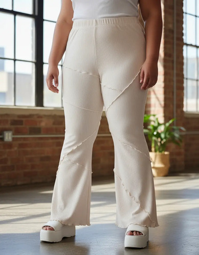 Calza Semi Oxford Acanalada Mujer Leggings Crudo Liso L