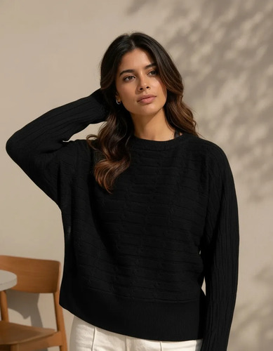Sweater Buzo  Dama Mujer Tejido De Punto Negro Único
