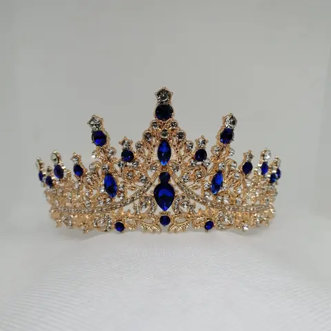 Corona dorada, strass plateado y azul