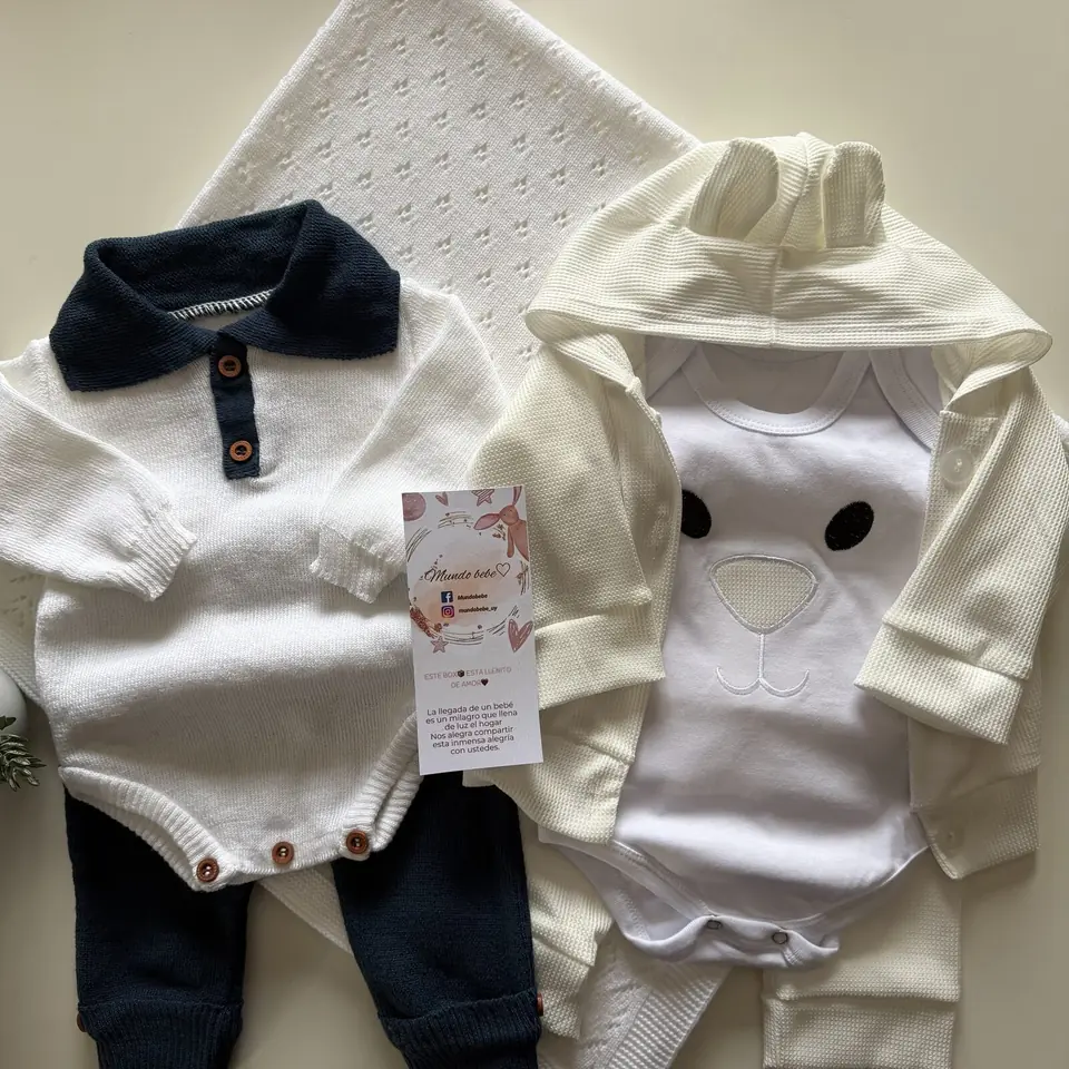 Conjunto de hilo algodón + body manga corta de algodón + conjunto de Camperita y pantalón de tela gofre