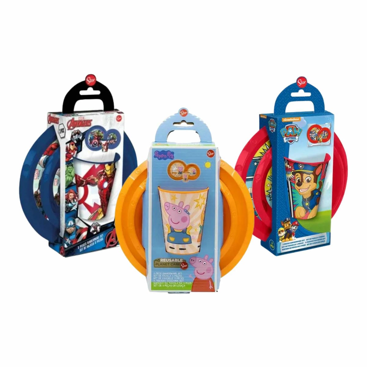 Set X 3 Piezas Bazar Plástico Vaso Plato Bowl Personajes