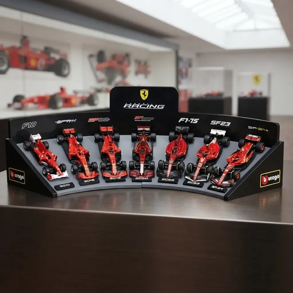 Set x 7 Autos Ferrari con Exhibidor Formula 1 Bburago Escala 1:43 Juguete