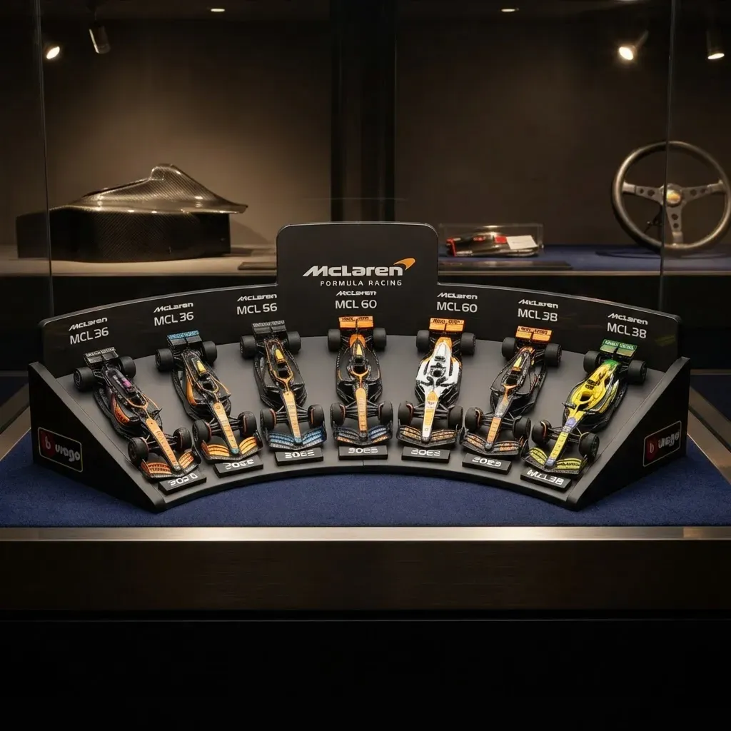 Set x 7 Autos McLaren con Exhibidor Formula 1 Bburago Escala 1:43 Juguete