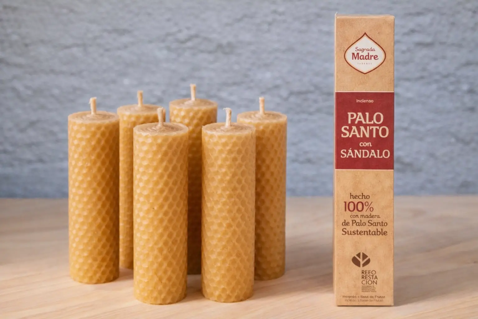 6 velas de miel + caja de sahumerios Palo Santo