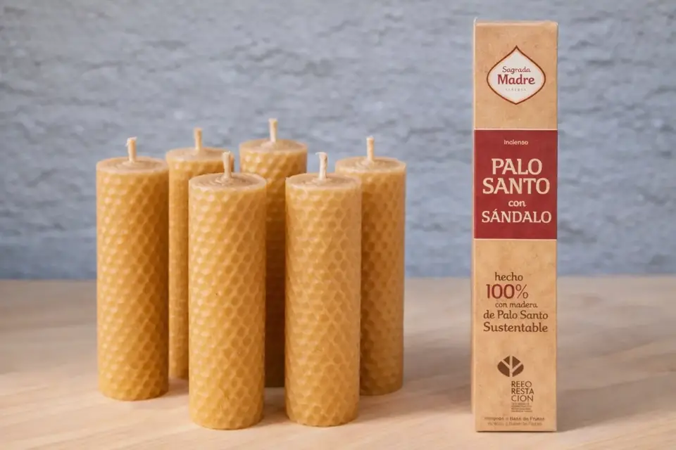 6 velas de miel + caja de sahumerios Palo Santo