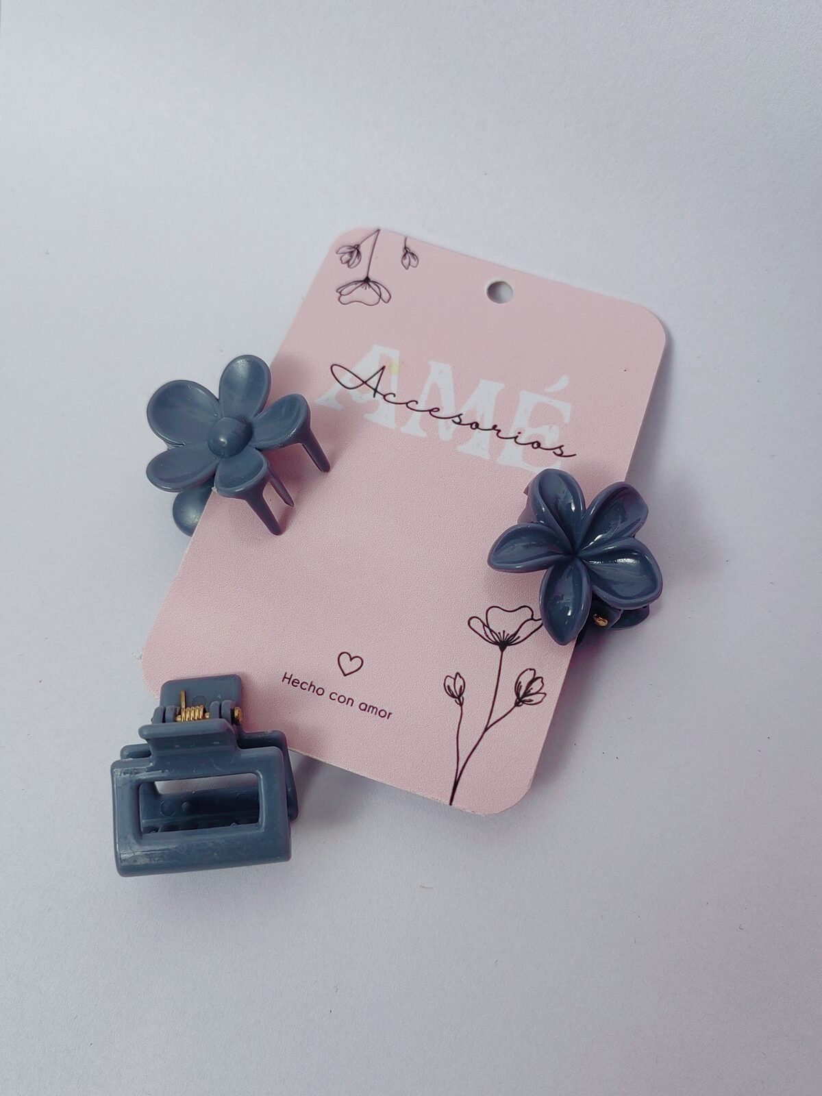 Set Mini Broches Slate Blue Blossom & Frame — Trío de Broches Gris Azulado