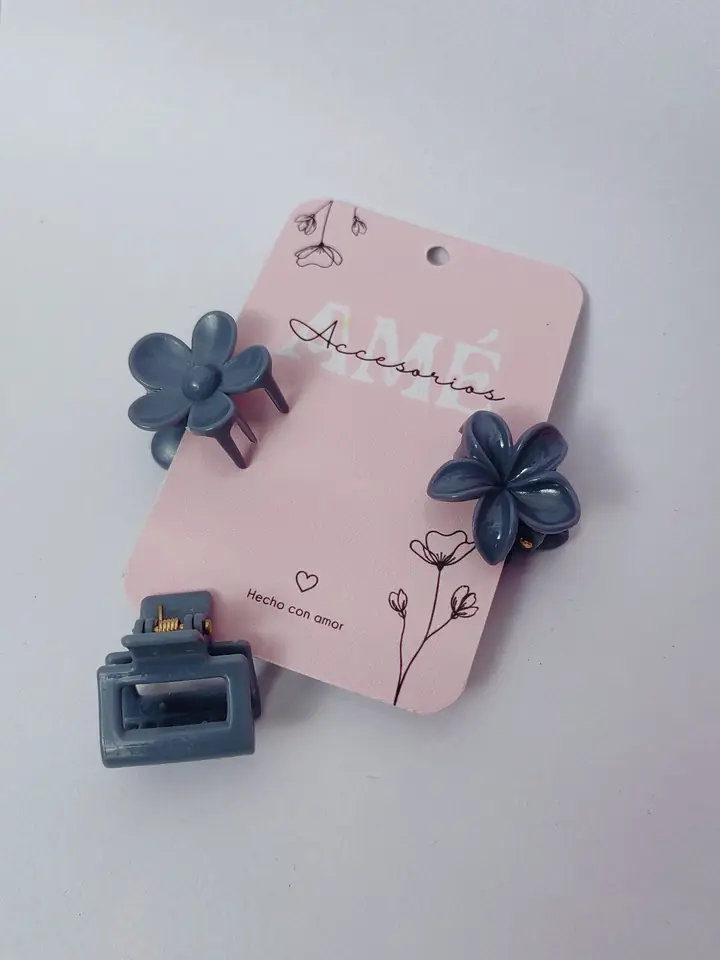 Set Mini Broches Slate Blue Blossom & Frame — Trío de Broches Gris Azulado