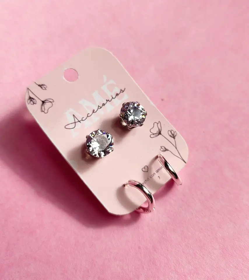 Set Duo de Aros en Acero Blanco – Puntos de Luz Strass y Argollas Lisas