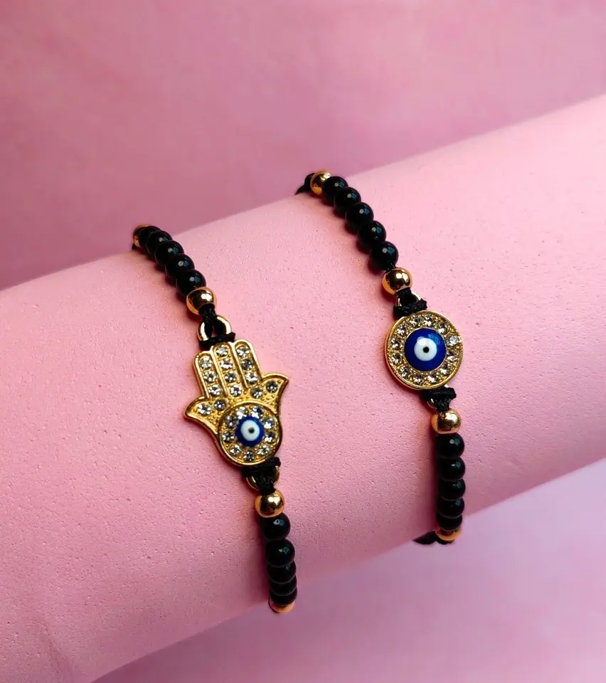 Set de Pulseras de Bijou Mystic Protection — Mano de Fátima, Ojo Turco y Cuentas Negras