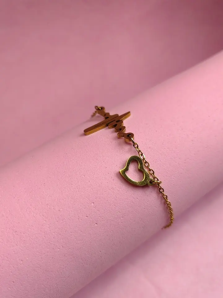 Pulsera de Acero Dorado Electrocardiograma y Corazón