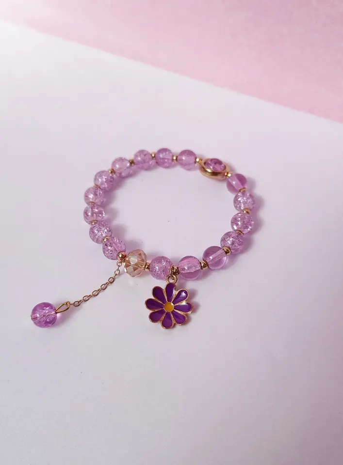 Pulsera Crystal Violet Daisy — Cuentas Craqueladas Púrpura & Dije Margarita