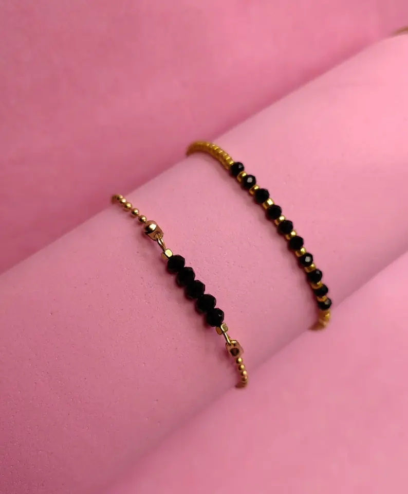 Set de Pulseras de Bijou Black & Gold — Cadena de Bolitas y Cristales Facetados