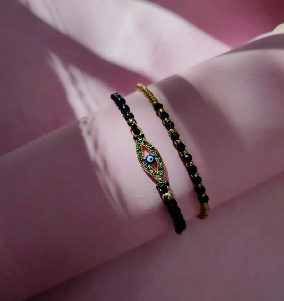 Set de Pulseras de Bijou Golden Eye Protection — Ojo Turco Alargado, Strass y Cristales Negros