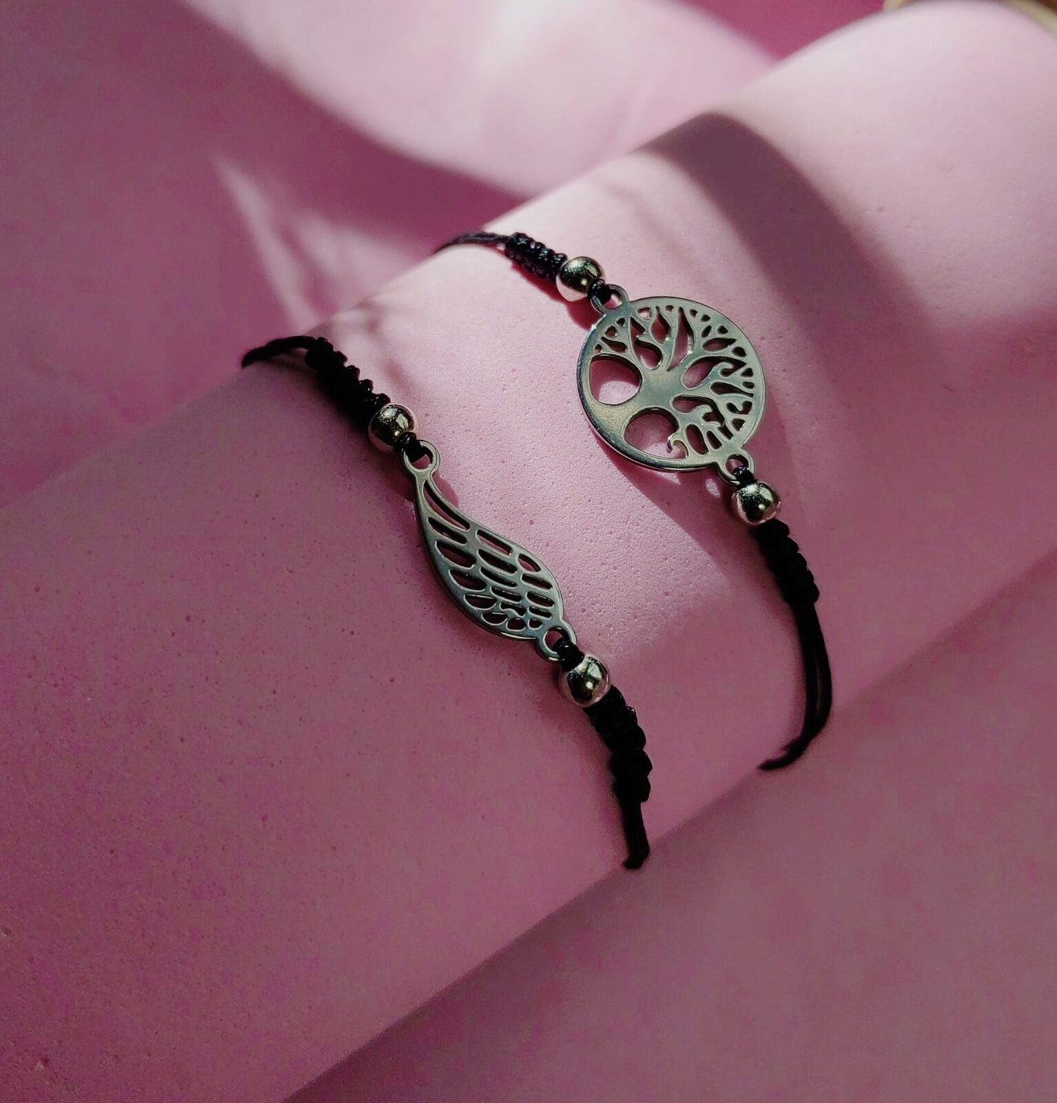 Set de Pulseras de Bijou Tree & Wing Protection — Hilo Negro, Árbol de la Vida y Ala de Ángel