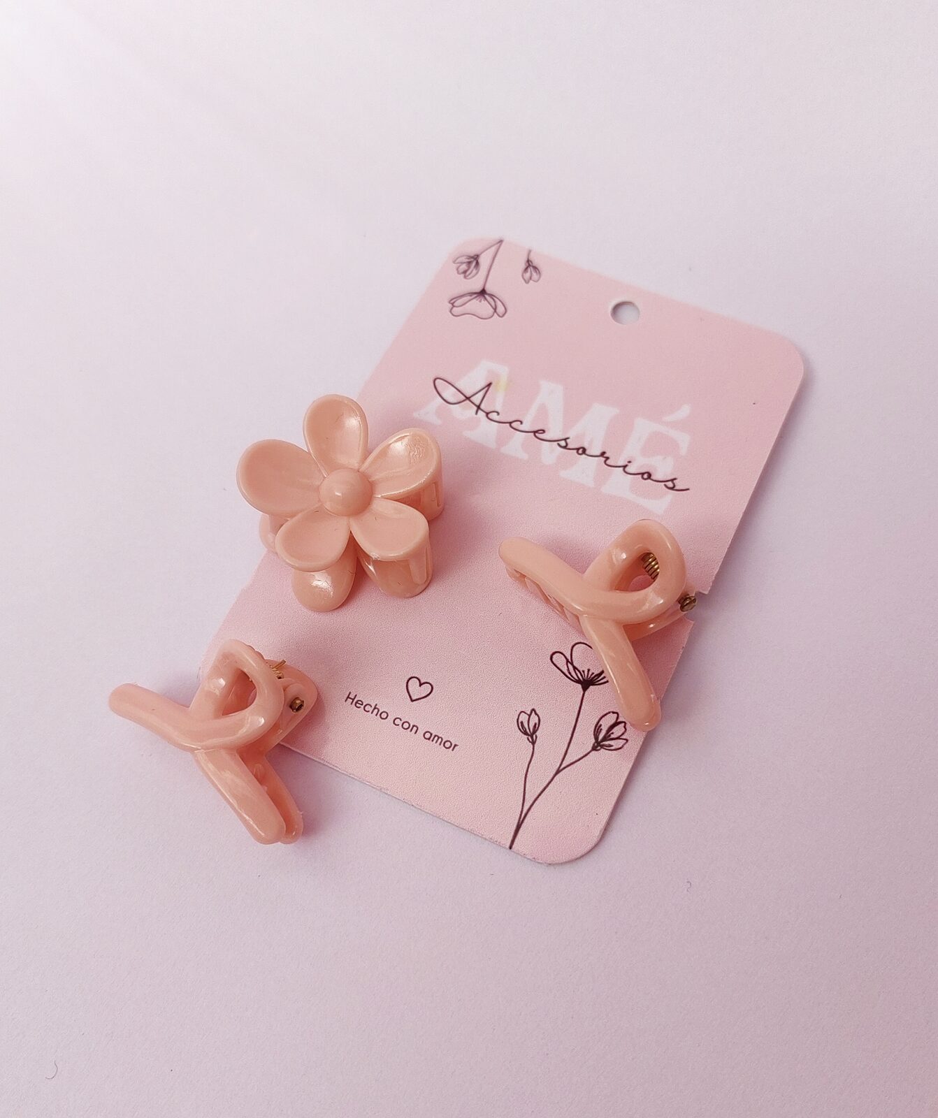 Set Mini Broches de Cabello Peach Flower & Loop — Trío de Broches