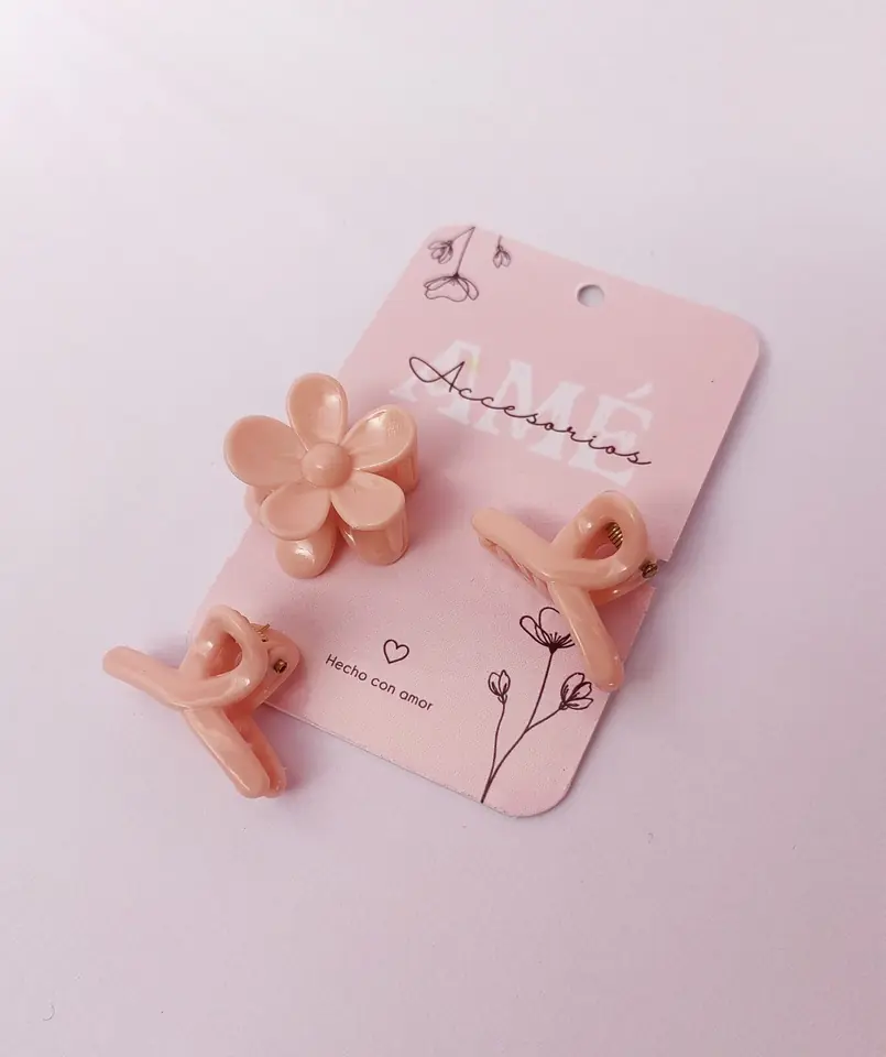 Set Mini Broches de Cabello Peach Flower & Loop — Trío de Broches