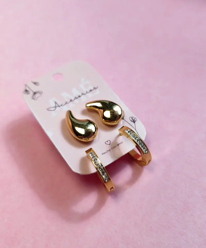 Set de Aros Dorados de Acero Quirúrgico — Gotas Infladas y Argollitas Huggies con Circones