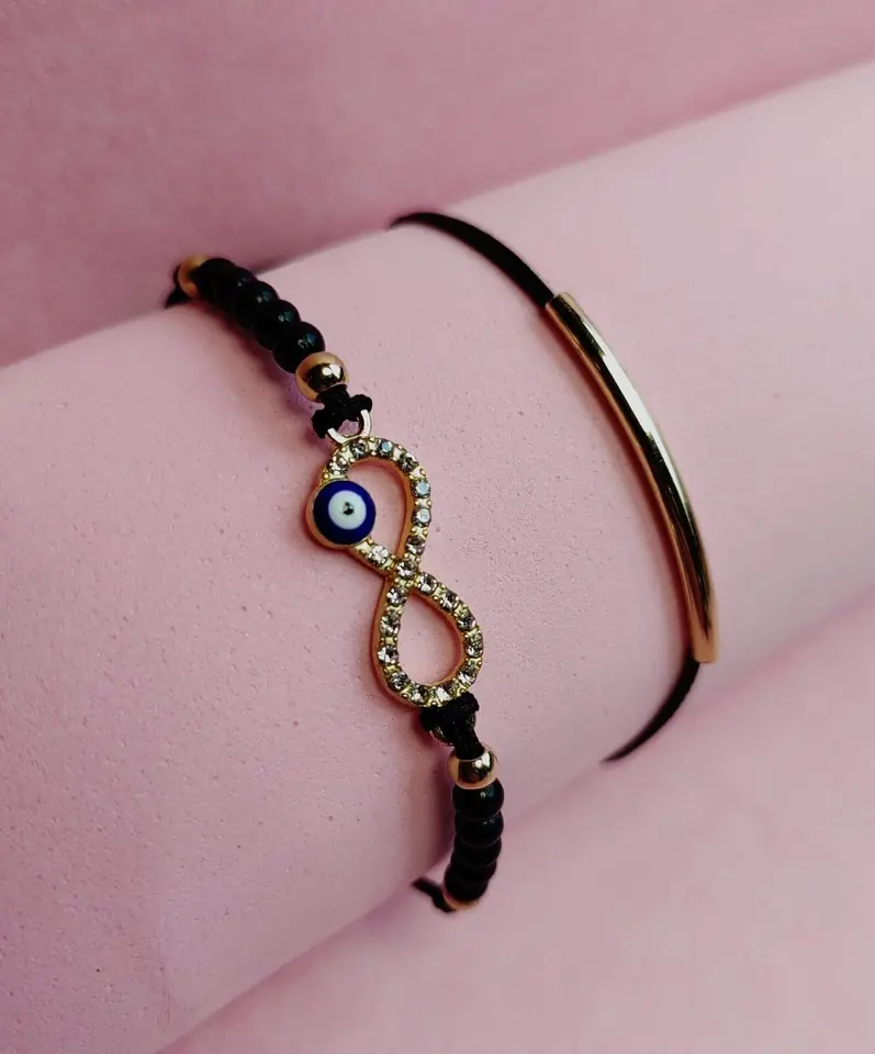 Set de Pulseras de Bijou Infinite Protection — Infinito con Strass, Ojo Turco y Tubo Dorado