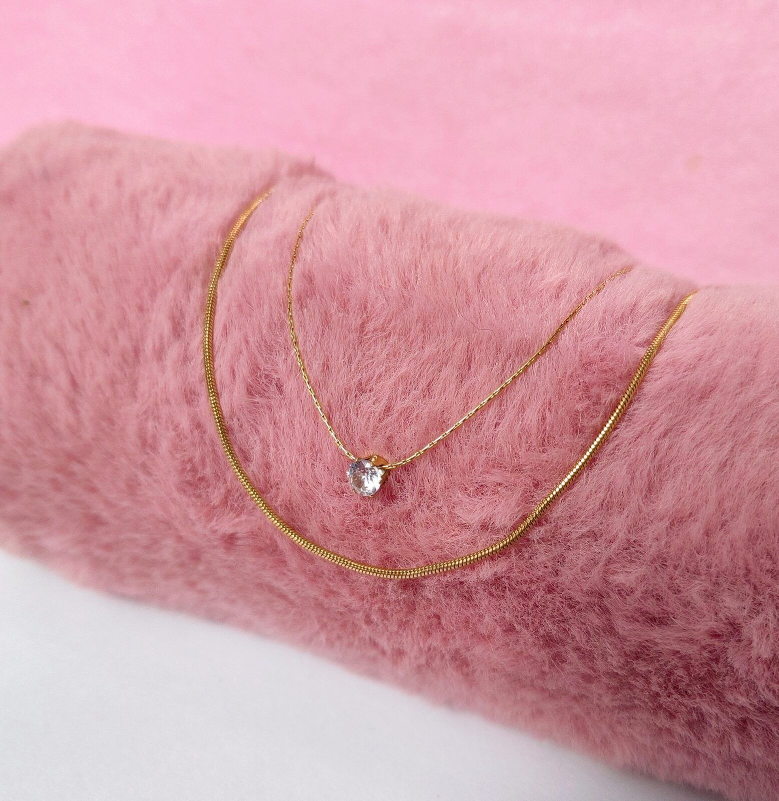 Collar Doble Acero Dorado Solitario Crystal & Chain Duo