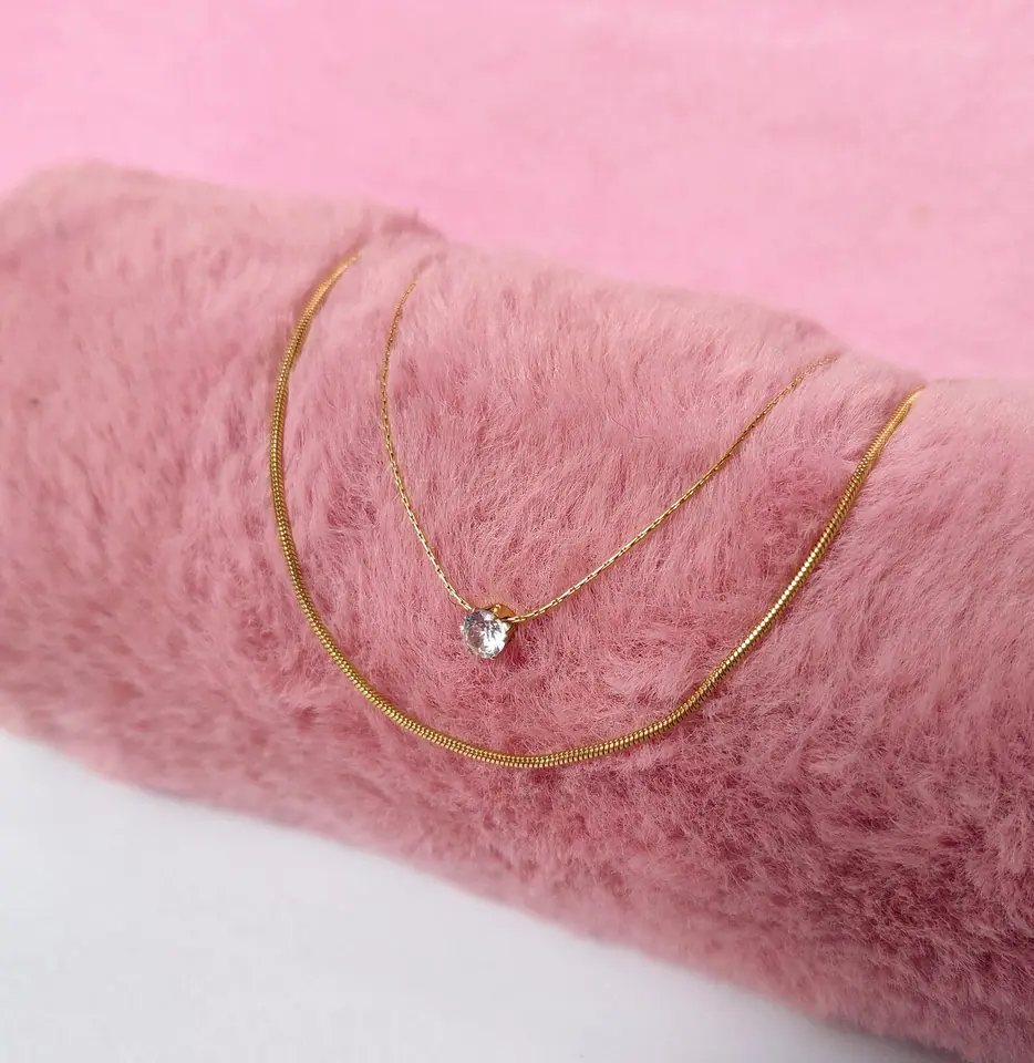 Collar Doble Acero Dorado Solitario Crystal & Chain Duo