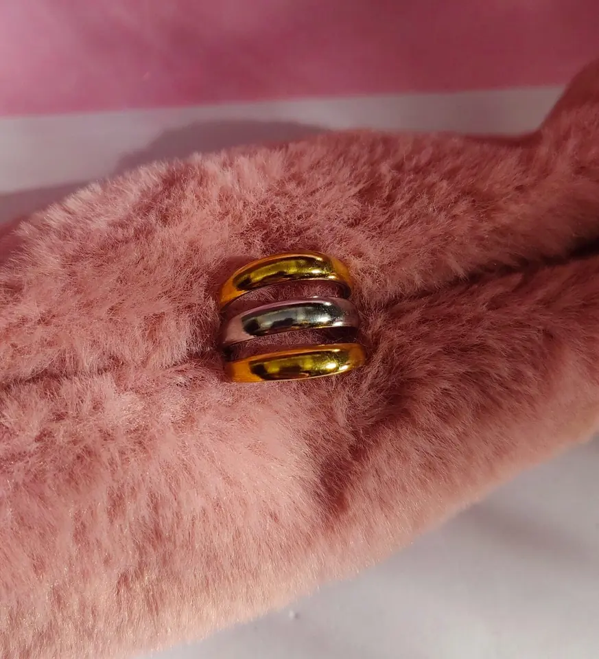 Anillo Acero Bicolor Golden & Silver Triple Dome — Anillo Regulable Triple Banda Abombada