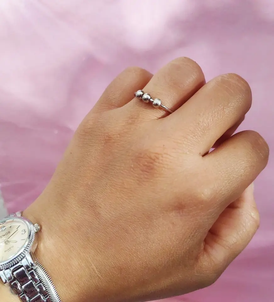 Anillo Acero Quirúrgico Anti Estrés Silver Beads — Anillo Regulable Esferas Giratorias